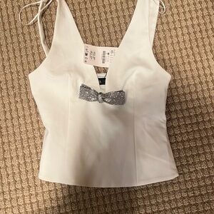 NWT Zara White Sleeveless Top with Bow Accent